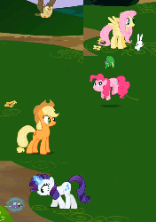 Size: 566x800 | Tagged: safe, screencap, angel bunny, applejack, fluttershy, gummy, opalescence, owlowiscious, pinkie pie, rarity, twilight sparkle, winona, alligator, dog, earth pony, mouse, pegasus, pony, unicorn, g4, may the best pet win, animated, bucking, cat toy, fetch, jumping, magic, pet, pets, playing, stick, tail wag, telekinesis, toy mouse, unicorn twilight