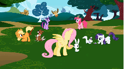 Size: 853x480 | Tagged: safe, screencap, angel bunny, applejack, fluttershy, gummy, opalescence, owlowiscious, pinkie pie, rarity, twilight sparkle, winona, mouse, may the best pet win, animated, cute, fluttergasm, pet, pets, shyabetes, stick, tail hold, tail pull