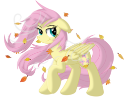 Size: 1024x840 | Tagged: safe, artist:mysteriouskaos, fluttershy, pegasus, pony, g4, autumn, female, floppy ears, leaf, leaves, smiling, solo, wind, wind blowing, windswept mane