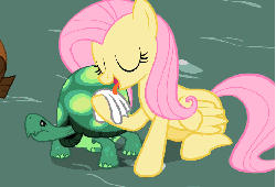 Size: 703x480 | Tagged: safe, screencap, fluttershy, tank, pony, tortoise, g4, may the best pet win, season 2, animated, cleaning, cropped, cute, eyes closed, hug, licking, love, nuzzling, offscreen character, rag, shyabetes, tongue out, wink