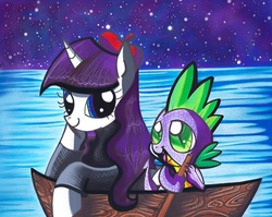 Size: 649x516 | Tagged: safe, artist:aurora-chiaro, rarity, spike, g4, boat, female, male, night, ship:sparity, shipping, stars, straight, traditional art, water