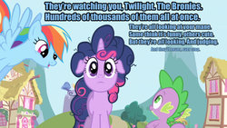 Size: 1280x720 | Tagged: safe, edit, edited screencap, screencap, rainbow dash, spike, twilight sparkle, dragon, pegasus, pony, unicorn, g4, brony, floppy ears, fourth wall, looking at you, messy mane, paranoia, rainbow dash is a meanie, text, trio, unicorn twilight