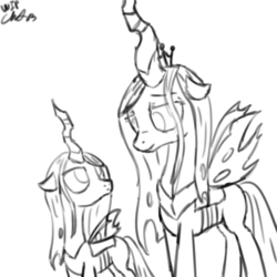 Size: 1000x1000 | Tagged: safe, artist:cs, queen chrysalis, changeling, nymph, g4, monochrome, mother, wip