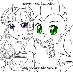 Size: 613x609 | Tagged: safe, artist:pia-sama, spike, twilight sparkle, anthro, g4, black and white, grayscale, monochrome, partial color, selfie