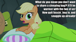 Size: 1280x720 | Tagged: safe, edit, edited screencap, screencap, applejack, earth pony, pony, g4, sleepless in ponyville, bronybait, caption, female, image macro, imminent snuggles, implied snuggling, looking at you, sleeping bag, solo, text