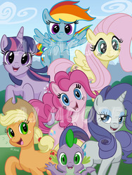 Size: 675x900 | Tagged: safe, artist:aj moore, applejack, fluttershy, pinkie pie, rainbow dash, rarity, spike, twilight sparkle, g4, action poster, mane seven, mane six