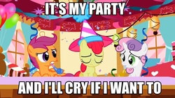Size: 960x540 | Tagged: safe, edit, edited screencap, screencap, apple bloom, scootaloo, sweetie belle, g4, season 2, the cutie pox, balloon, caption, confetti, cutie mark crusaders, hat, image macro, it's my party, lesley gore, noisemaker, party, party hat, pity party, sad, song, song reference, streamers