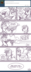 Size: 550x1255 | Tagged: safe, artist:johnjoseco, princess celestia, oc, oc:caspasin42, alicorn, pony, ask princess molestia, princess molestia, g4, ask, calpain, clothes, comic, lab coat, offscreen character, raygun, rule 63, science, tumblr