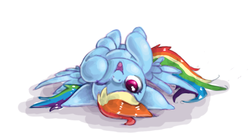 Size: 626x345 | Tagged: safe, artist:strangemoose, rainbow dash, pegasus, pony, g4, cute, dashabetes, female, hnnng, on back, one eye closed, open mouth, silly, solo, upside down, wink