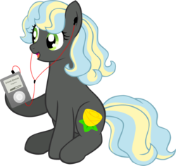 Size: 888x839 | Tagged: safe, artist:ludiculouspegasus, oc, oc only, earth pony, pony, amber flush, earbuds, female, ipod, mare, mp3 player, music, simple background, solo, transparent background