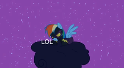 Size: 635x347 | Tagged: safe, edit, edited screencap, screencap, rainbow dash, pegasus, pony, g4, luna eclipsed, clothes, cloud, costume, female, grin, lol, lying on a cloud, mare, night, nightmare night, nightmare night costume, on a cloud, shadowbolt dash, shadowbolts, shadowbolts costume, smiling, solo, spread wings, stars, twilight the swirly bearded, wings, youtube, youtube link, youtube poop