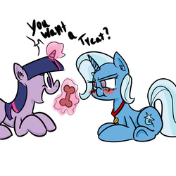 Size: 1600x1600 | Tagged: safe, artist:whydomenhavenipples, trixie, twilight sparkle, g4, blushing, bone, collar, cute, dialogue, female, femdom, femsub, frown, lesbian, magic, pet, pet play, pet tag, ship:twixie, shipping, subdorable, submissive, teasing, telekinesis, the weak and powerless trixie, treat, twidom
