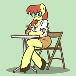 Size: 1000x1000 | Tagged: safe, artist:stunnerpone, oc, oc only, anthro, anthro oc, cafe, chair, cleavage, clothes, female, glasses, sitting, solo, table
