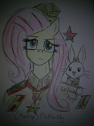 Size: 960x1280 | Tagged: safe, artist:lawrencexviii, angel bunny, fluttershy, g4, clothes, military uniform, traditional art