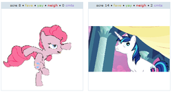 Size: 527x282 | Tagged: safe, screencap, pinkie pie, shining armor, pony, derpibooru, g4, bipedal, dancing, derp, evil enchantress, exploitable meme, juxtaposition, juxtaposition win, meme, meta