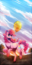 Size: 1464x2981 | Tagged: safe, artist:konveekou, pinkie pie, g4, balloon, female, mouth hold, sky, solo