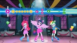 Size: 2048x1153 | Tagged: safe, gameloft, pinkie pie, rainbow dash, twilight sparkle, equestria girls, g4, official, balloon, boots, dancing, disco ball, fall formal outfits, game, high heel boots, streamers