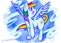 Size: 970x686 | Tagged: safe, artist:silver1kunai, rainbow dash, pegasus, pony, g4, :o, female, flying, mare, open mouth, signature, solo