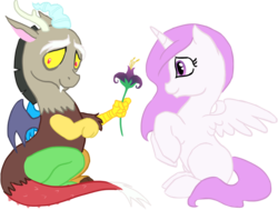 Size: 800x604 | Tagged: safe, artist:bux, discord, princess celestia, g4, female, flower, male, pink-mane celestia, ship:dislestia, shipping, simple background, straight, transparent background, young, younger