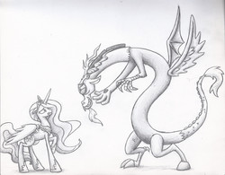 Size: 1642x1278 | Tagged: safe, artist:crystalitar, discord, princess celestia, g4, monochrome, traditional art