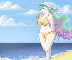 Size: 1280x1074 | Tagged: dead source, safe, artist:the-rasp-b, princess celestia, alicorn, anthro, g4, beach, belly button, bikini, cleavage, clothes, cloud, cloudy, cocktail, curvy, drink, female, hat, missing cutie mark, missing horn, ocean, solo, swimsuit, wide hips, wingless, wingless anthro