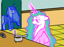 Size: 923x674 | Tagged: safe, artist:silver1kunai, princess celestia, princess luna, g4, angelica breaks a leg, bathrobe, chocolate pudding, clothes, cooking, crossover, lost control of my life, making chocolate pudding, meme, reference, robe, rugrats