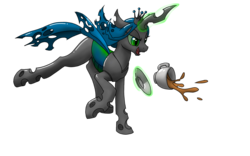 Size: 1920x1200 | Tagged: safe, artist:nadnerbd, queen chrysalis, changeling, changeling queen, g4, crown, female, jewelry, magic, quadrupedal, regalia, saucer, simple background, solo, spill, teacup, transparent background