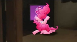 Size: 606x333 | Tagged: safe, pinkie pie, g4, faceplant, female, fourth wall, movie, my little pony logo, parody, screen, solo, television, the ring