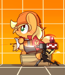 Size: 860x1000 | Tagged: safe, artist:php56, applejack, g4, chibi, crossover, cute, engineer, engineer (tf2), female, sentry, solo, team fortress 2