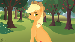 Size: 1191x670 | Tagged: safe, artist:dotrim, applejack, g4, apple, female, orchard, sitting, solo, tree