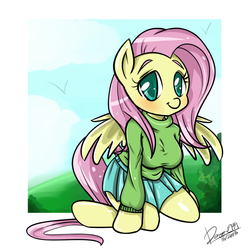 Size: 1000x1000 | Tagged: safe, artist:celine-artnsfw, fluttershy, anthro, unguligrade anthro, g4, breasts, busty fluttershy, clothes, female, skirt, solo