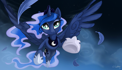 Size: 1300x751 | Tagged: safe, artist:keyfeathers, princess luna, g4, female, flying, solo, vertigo