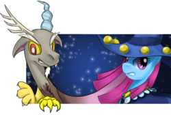 Size: 1024x690 | Tagged: safe, artist:saturnspace, discord, star swirl, g4, duo, hat