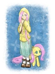 Size: 1500x2000 | Tagged: safe, artist:kutakoru, fluttershy, human, pony, g4, clothes, cute, female, hoodie, human ponidox, humanized, light skin, long skirt, mare, pixiv, shyabetes, skirt, socks, solo, sweater, sweatershy