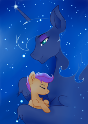 Size: 1799x2540 | Tagged: safe, artist:joemasterpencil, princess luna, scootaloo, alicorn, pegasus, pony, g4, chest fluff, cute, cutealoo, eyes closed, female, filly, foal, folded wings, hug, lidded eyes, mare, maternaluna, night, protecting, scootalove, smiling, starry background, starry mane, stars, winghug, wings