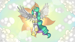 Size: 3000x1687 | Tagged: safe, artist:malamol, princess celestia, g4, cloud, cloudy, cutie mark, female, flying, looking at you, smiling, solo, spread wings, sun