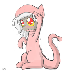 Size: 900x900 | Tagged: safe, artist:speccysy, discord, draconequus, mew, g4, adoreris, blushing, clothes, costume, cute, eris, mythical pokémon, pokémon, rule 63, rule63betes, solo, younger