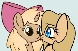 Size: 726x475 | Tagged: safe, artist:biscuitpone, artist:slavedemorto, oc, oc only, oc:backy, oc:custard cream, pony, ask custard cream, :p, animated, bow, bust, dilated pupils, eye contact, eye shimmer, female, fluffle puffing, kissing, lesbian, licking, meme, poni licking poni, tongue out, tongue to tongue, tumblr