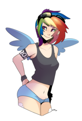 Size: 1819x2677 | Tagged: safe, artist:wicklesmack, rainbow dash, human, g4, belly button, clothes, female, freckles, humanized, light skin, midriff, shorts, simple background, smiling, solo, transparent background, vector, winged humanization