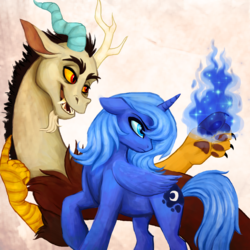 Size: 3600x3600 | Tagged: safe, artist:elkerae, discord, princess luna, alicorn, draconequus, pony, g4, duo, female, magic, male, s1 luna, ship:lunacord, shipping, straight