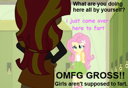 Size: 447x309 | Tagged: safe, edit, edited screencap, screencap, fluttershy, sunset shimmer, equestria girls, g4, 1000 hours in ms paint, comic sans, female, implied farting, ms paint