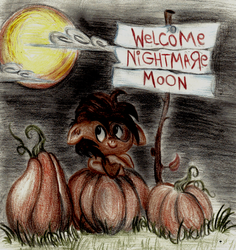 Size: 586x620 | Tagged: safe, artist:thatfrankster, nightmare moon, pipsqueak, princess luna, g4, charlie brown, female, great pumpkin, halloween, implied nightmare moon, implied princess luna, it's the great pumpkin charlie brown!, male, nightmare night, offscreen character, peanuts, ship:lunapip, shipping, straight