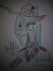 Size: 960x1280 | Tagged: source needed, safe, artist:lawrencexviii, queen chrysalis, changeling, changeling queen, anthro, g4, clothes, female, military uniform, solo, traditional art