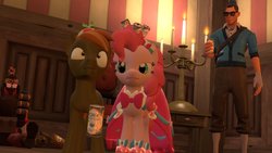 Size: 1192x670 | Tagged: safe, artist:fezwearingdoctor, button mash, pinkie pie, human, g4, 3d, bonk, can, candle, clothes, demoman, demoman (tf2), dignified wear, dress, drink, gala dress, gmod, scout (tf2), sunglasses, team fortress 2