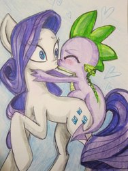 Size: 480x640 | Tagged: safe, artist:paiperbok, rarity, spike, dragon, pony, unicorn, g4, blushing, duo, female, heart, kiss on the lips, kissing, male, mare, ship:sparity, shipping, straight, surprise kiss, traditional art