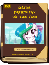 Size: 600x800 | Tagged: safe, artist:kp-shadowsquirrel, princess celestia, g4, book cover meme, braces, exploitable meme, female, selfie, smiling, solo, teenager, younger