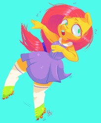 Size: 1280x1559 | Tagged: safe, artist:1eg, fluttershy, anthro, g4, alternate hairstyle, clothes, dress, female, needs more jpeg, roller skates, socks, solo, thigh highs