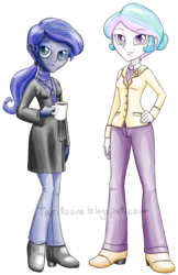 Size: 584x900 | Tagged: safe, artist:taritoons, princess celestia, princess luna, principal celestia, vice principal luna, equestria girls, g4, alternate hairstyle, coffee, coffee mug, cutie mark accessory, hand on hip, looking at you, mug, older, ponytail, simple background, transparent background, watermark
