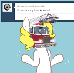 Size: 800x791 | Tagged: safe, artist:willdrawforfood1, surprise, pegasus, pony, ask surprise, g1, ask, blue background, female, fire engine, object head, shrug, simple background, solo, truck, tumblr, wat