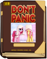 Size: 607x757 | Tagged: safe, fluttershy, pinkie pie, g4, book cover meme, don't panic, exploitable meme, hitchhiker's guide to the galaxy, meme, towel